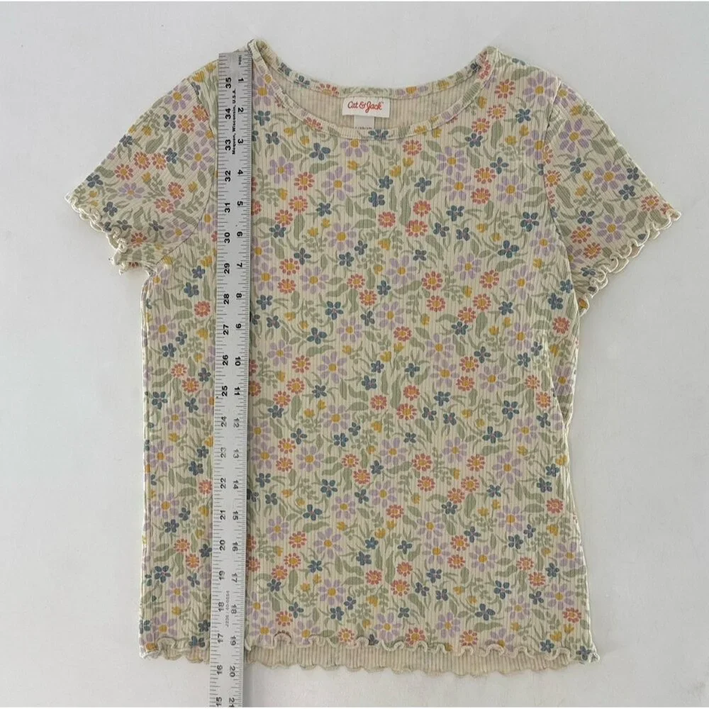 Cat & Jack Ditzy Floral Ribbed Knit Top Girls‎ Short Sleeve Beige Shirt L 10/12
